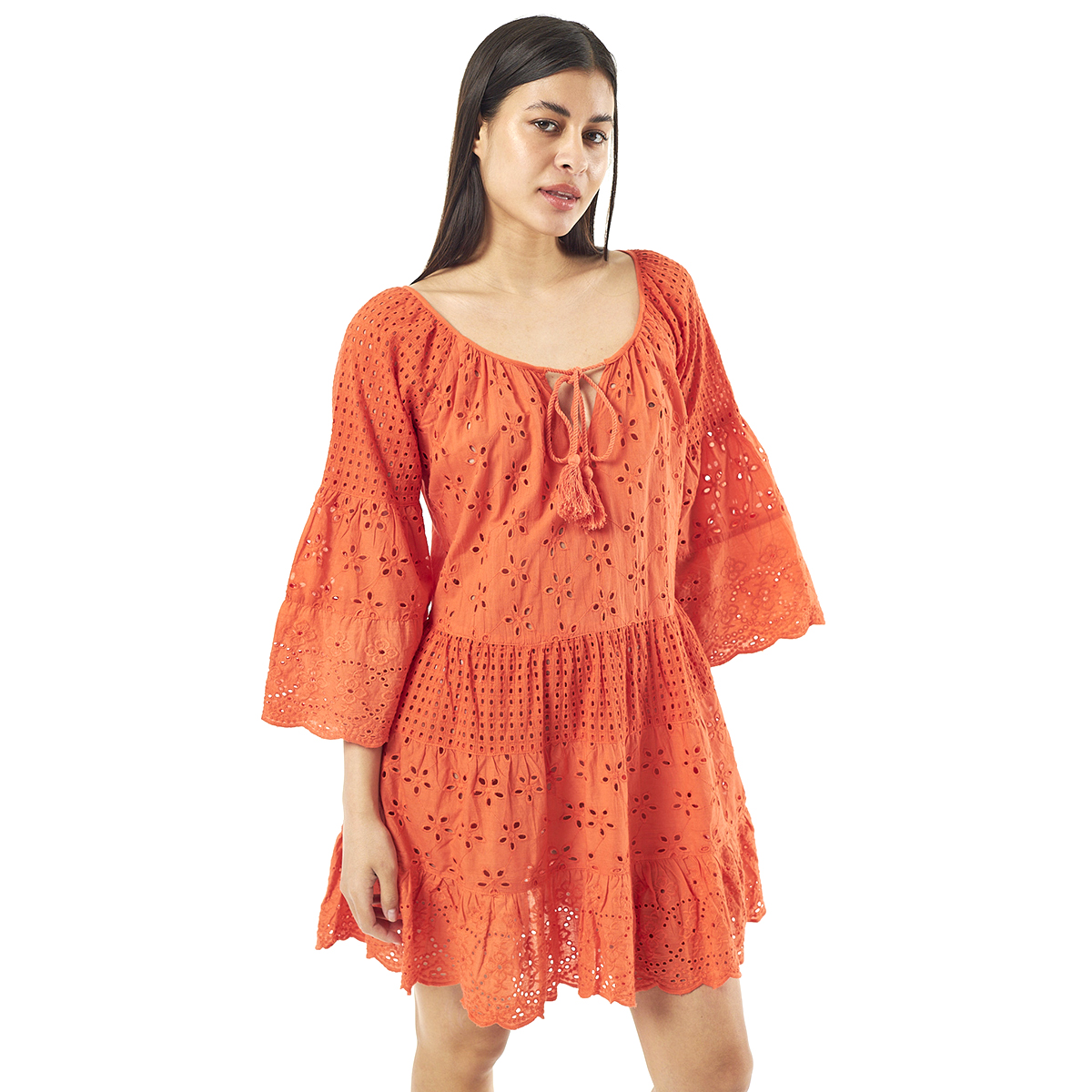 Verde Γυναικείο Φόρεμα 52-0052 Cotton Ινδίας Πορτοκαλί