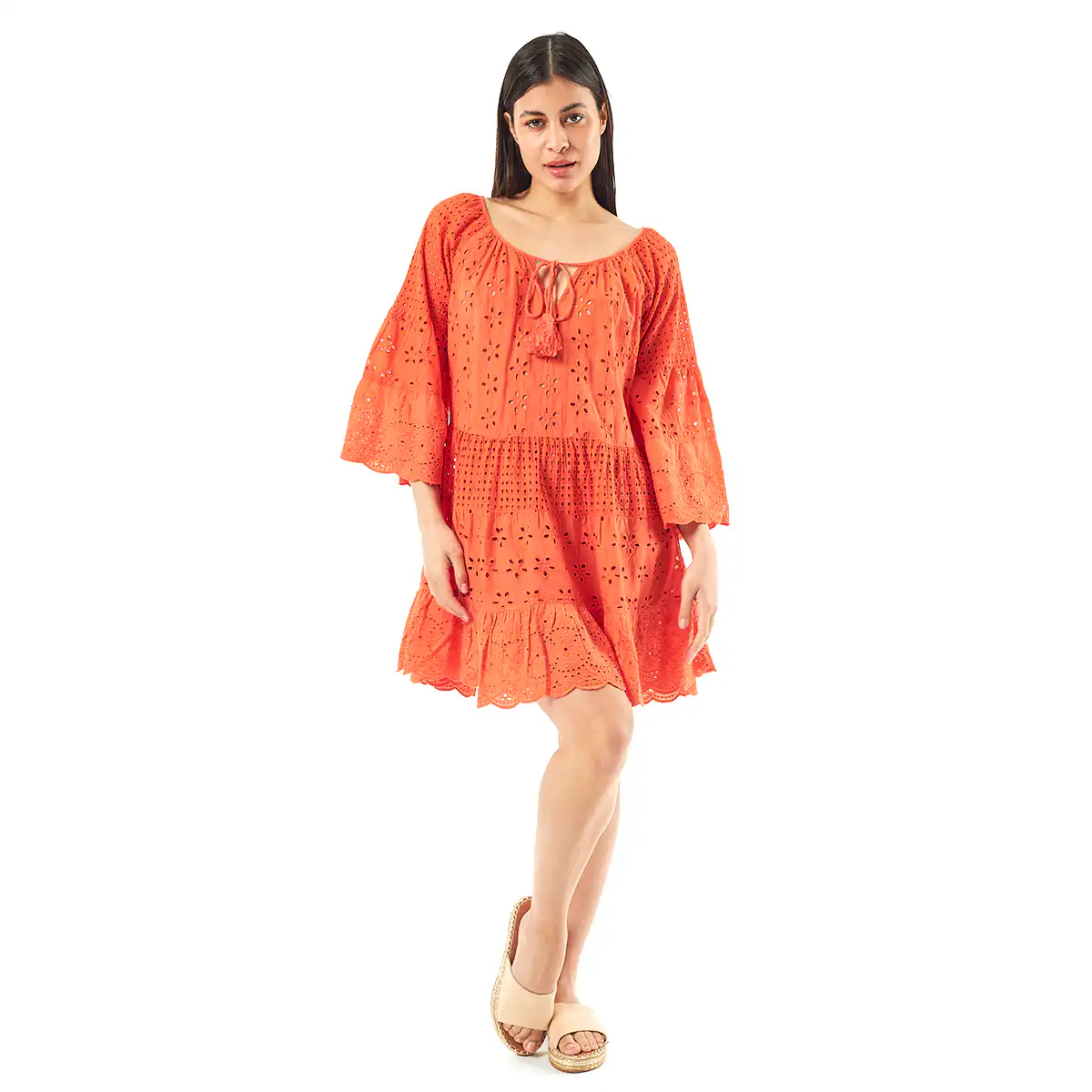 Verde Γυναικείο Φόρεμα 52-0052 Cotton Ινδίας Πορτοκαλί