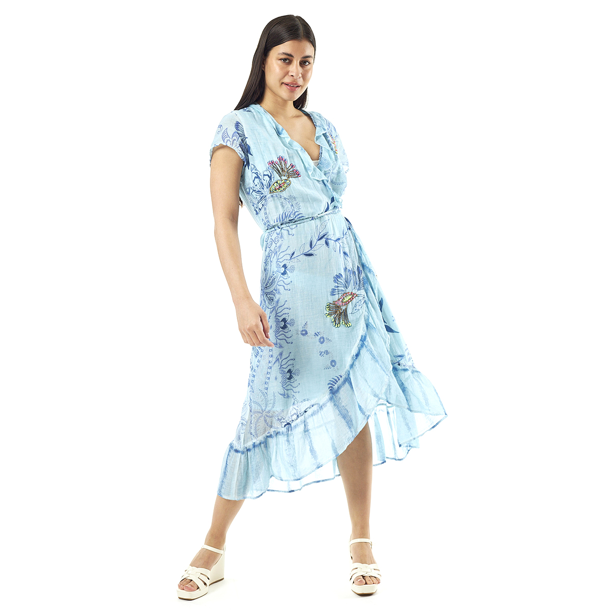 Verde Γυναικείο Φόρεμα 52-0058 Cotton Ινδίας Ανοιχτό Μπλέ