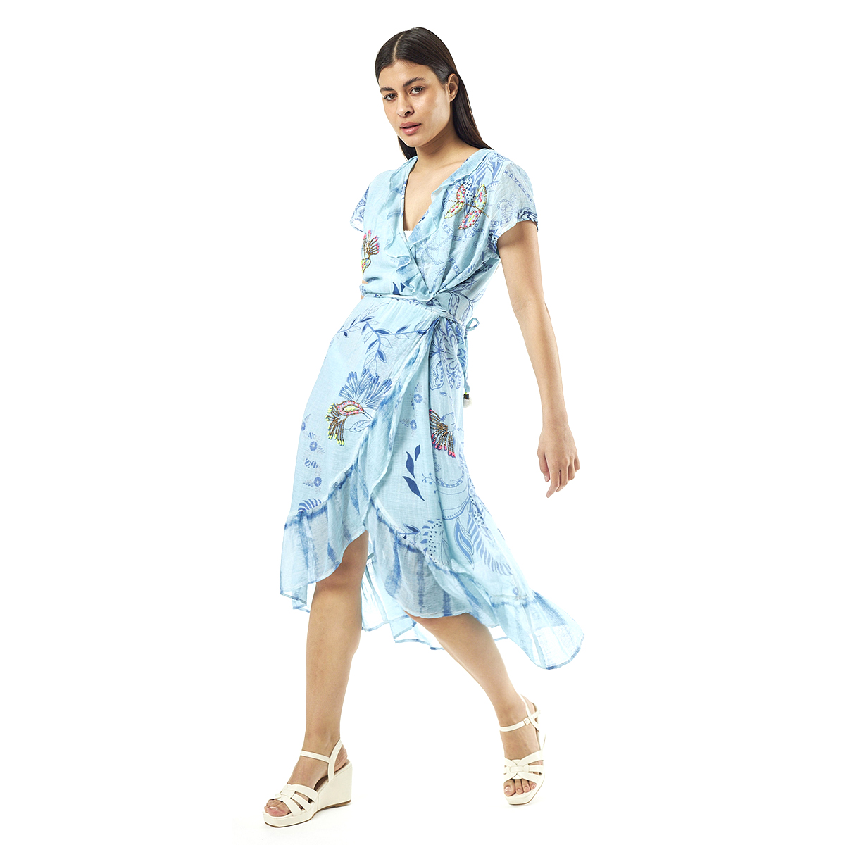 Verde Γυναικείο Φόρεμα 52-0058 Cotton Ινδίας Ανοιχτό Μπλέ