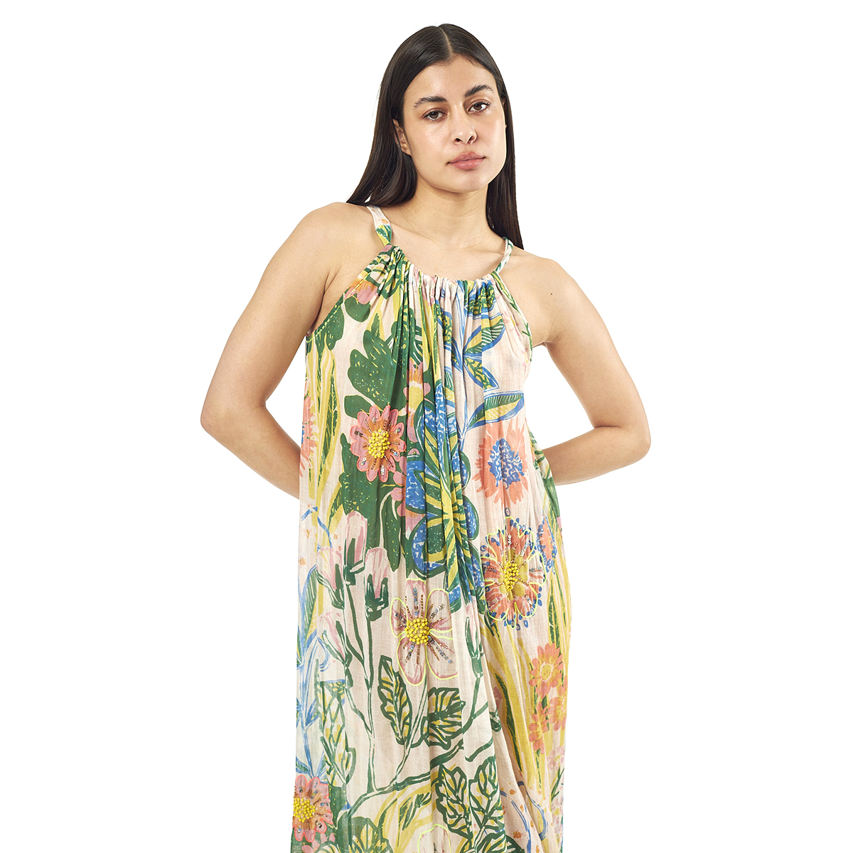 Verde Γυναικείο Φόρεμα 52-0059 Cotton Ινδίας Πολύχρωμο