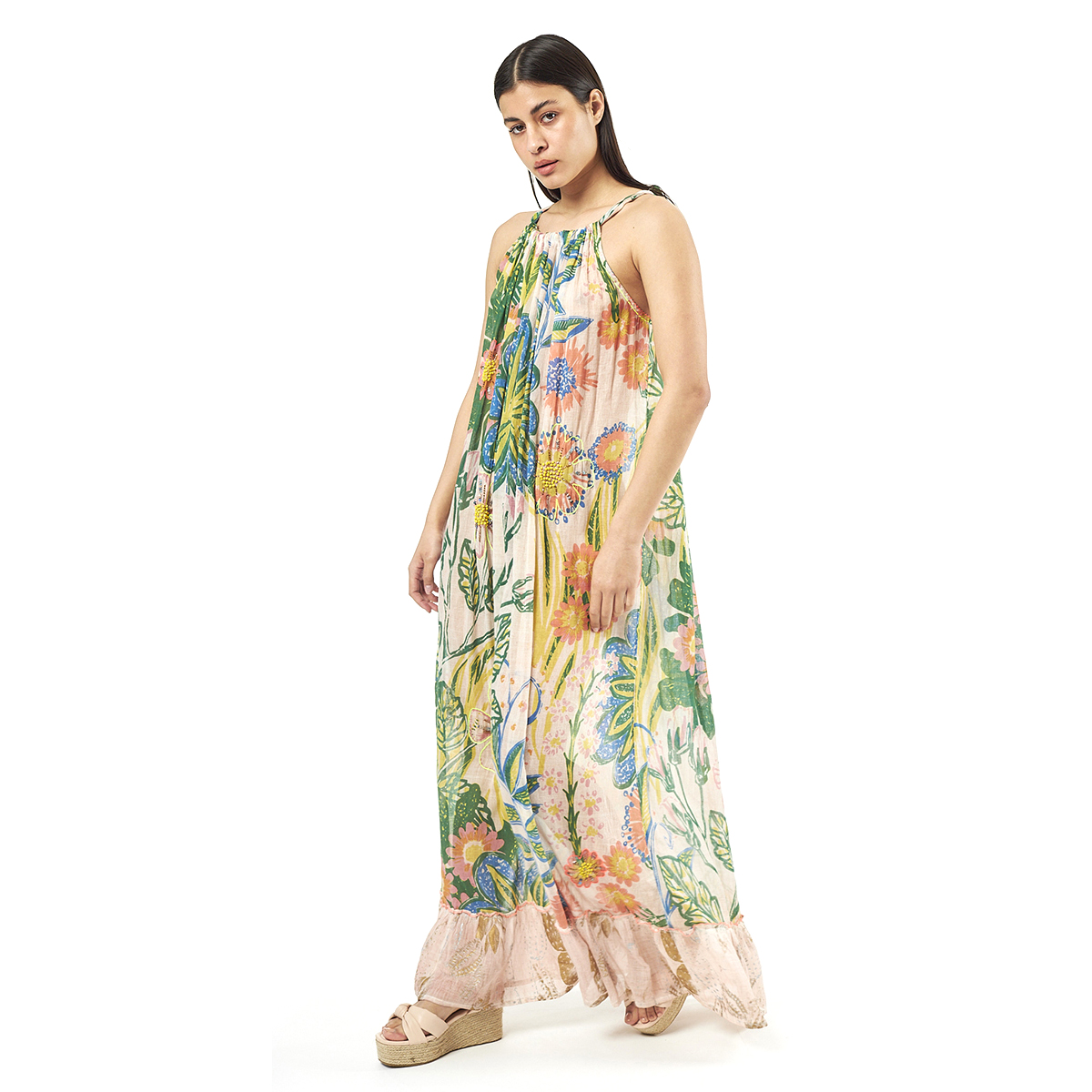 Verde Γυναικείο Φόρεμα 52-0059 Cotton Ινδίας Πολύχρωμο