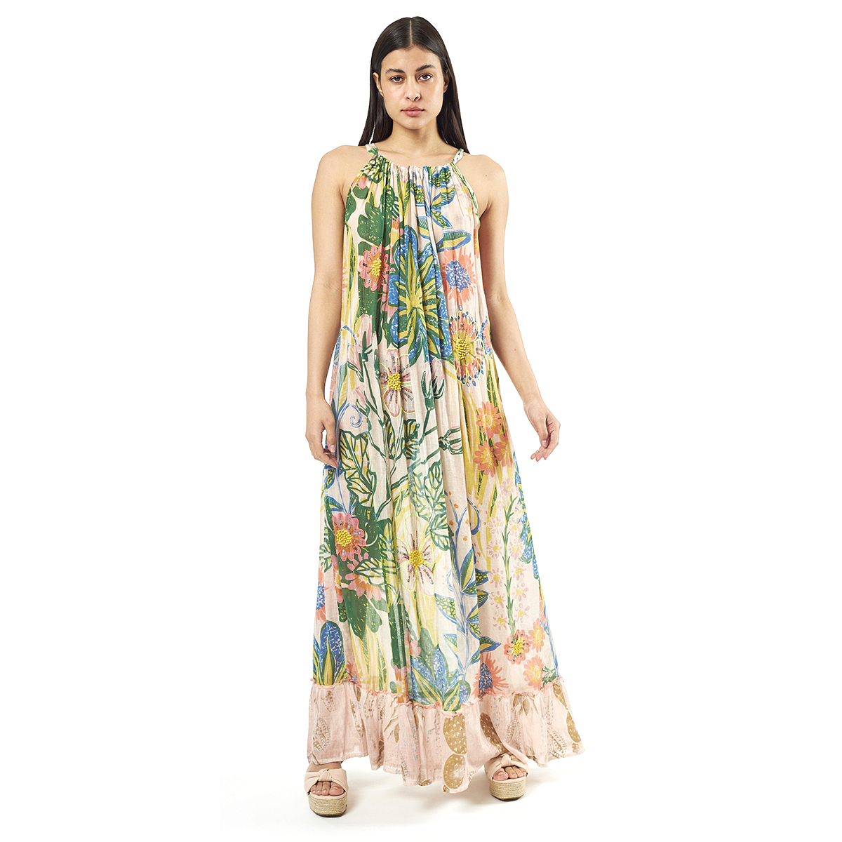 Verde Γυναικείο Φόρεμα 52-0059 Cotton Ινδίας Πολύχρωμο