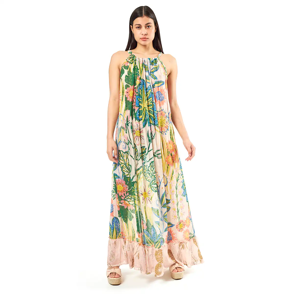 Verde Γυναικείο Φόρεμα 52-0059 Cotton Ινδίας Πολύχρωμο