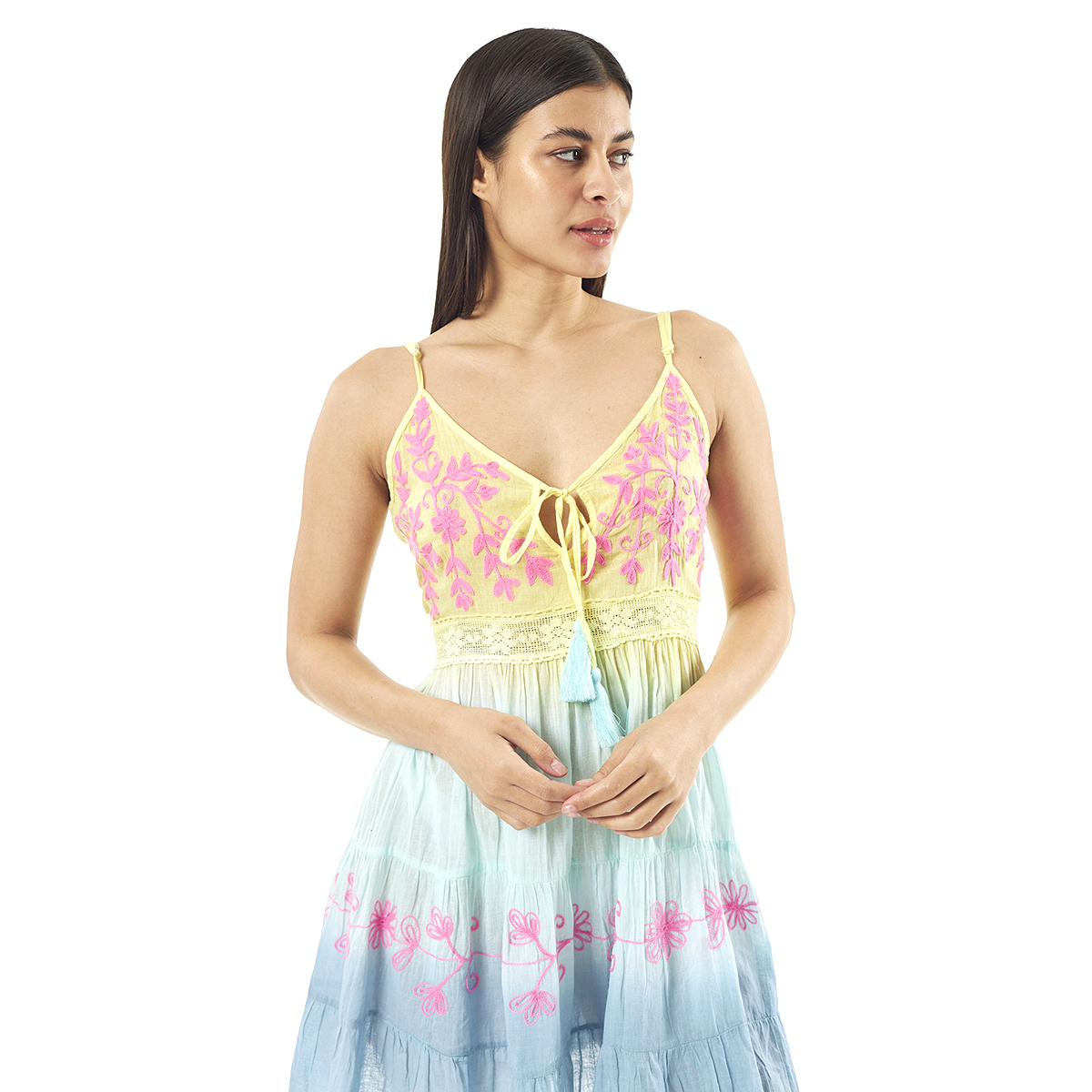 Verde Γυναικείο Φόρεμα 52-0060 Cotton Ινδίας Πολύχρωμο