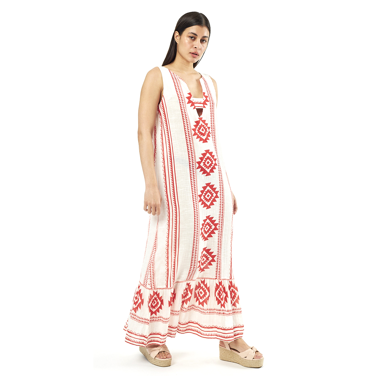 Verde Γυναικείο Φόρεμα 52-0063 Cotton Ινδίας Κόκκινο