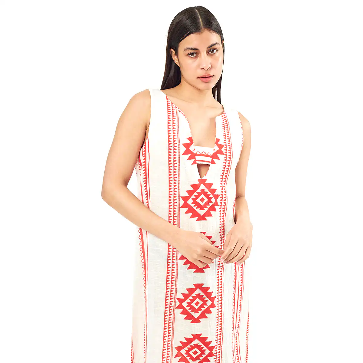 Verde Γυναικείο Φόρεμα 52-0063 Cotton Ινδίας Κόκκινο