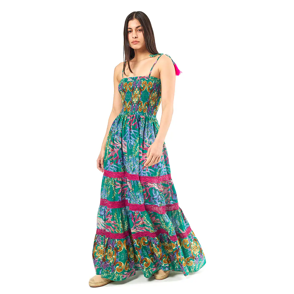 Verde Γυναικείο Φόρεμα 52-0066 Cotton Ινδίας Πολύχρωμο
