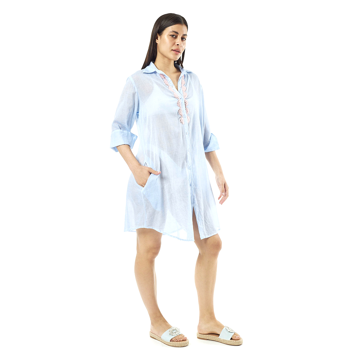 Verde Γυναικεία Πουκαμίσα 53-0025 Cotton Ινδίας Ανοιχτό Μπλέ