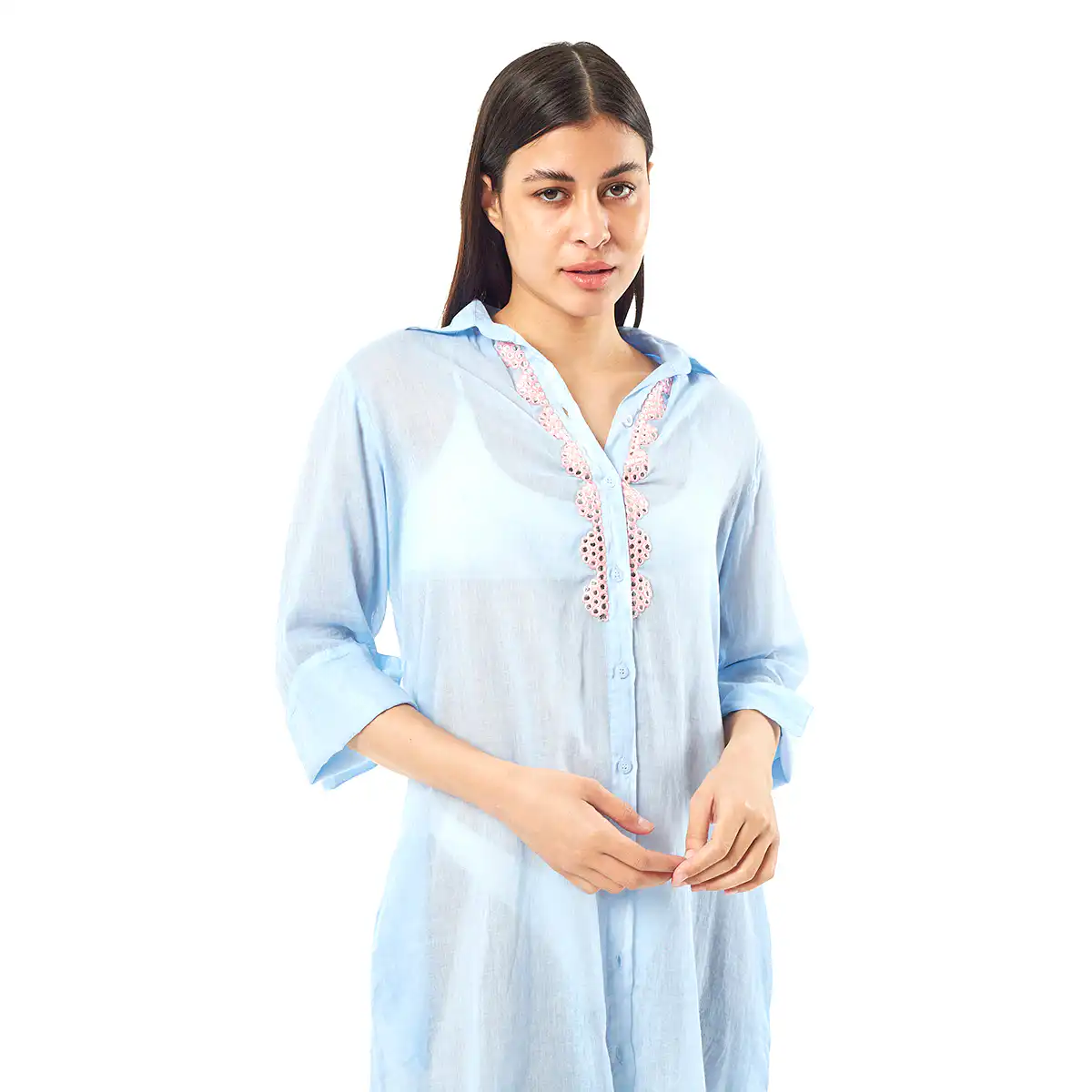 Verde Γυναικεία Πουκαμίσα 53-0025 Cotton Ινδίας Ανοιχτό Μπλέ