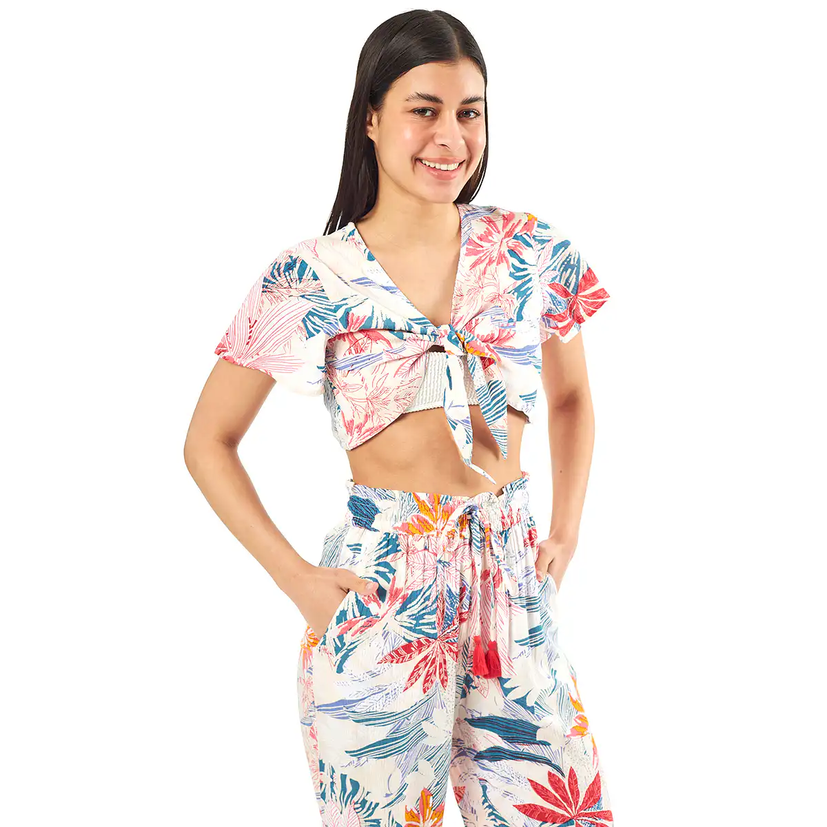 Σέτ Παντελόνι-Κροπ Τοπ 55-0006 Ρεγιόν Ινδίας Άσπρο