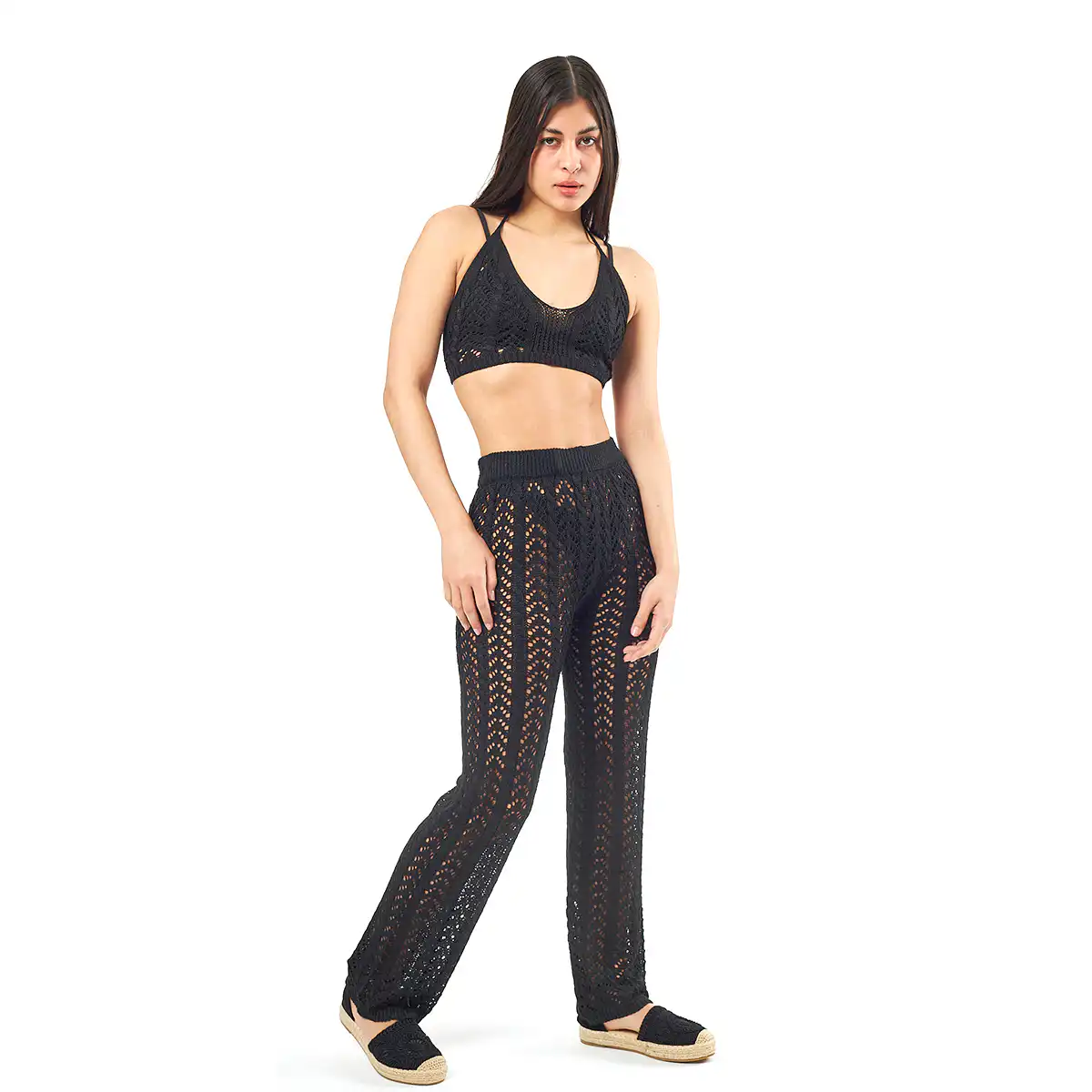 Verde Γυναικείο Σέτ Παντελόνι-Κροπ Τοπ 55-0012 ΠΟΛΥΕΣ Ινδίας Μαύρο