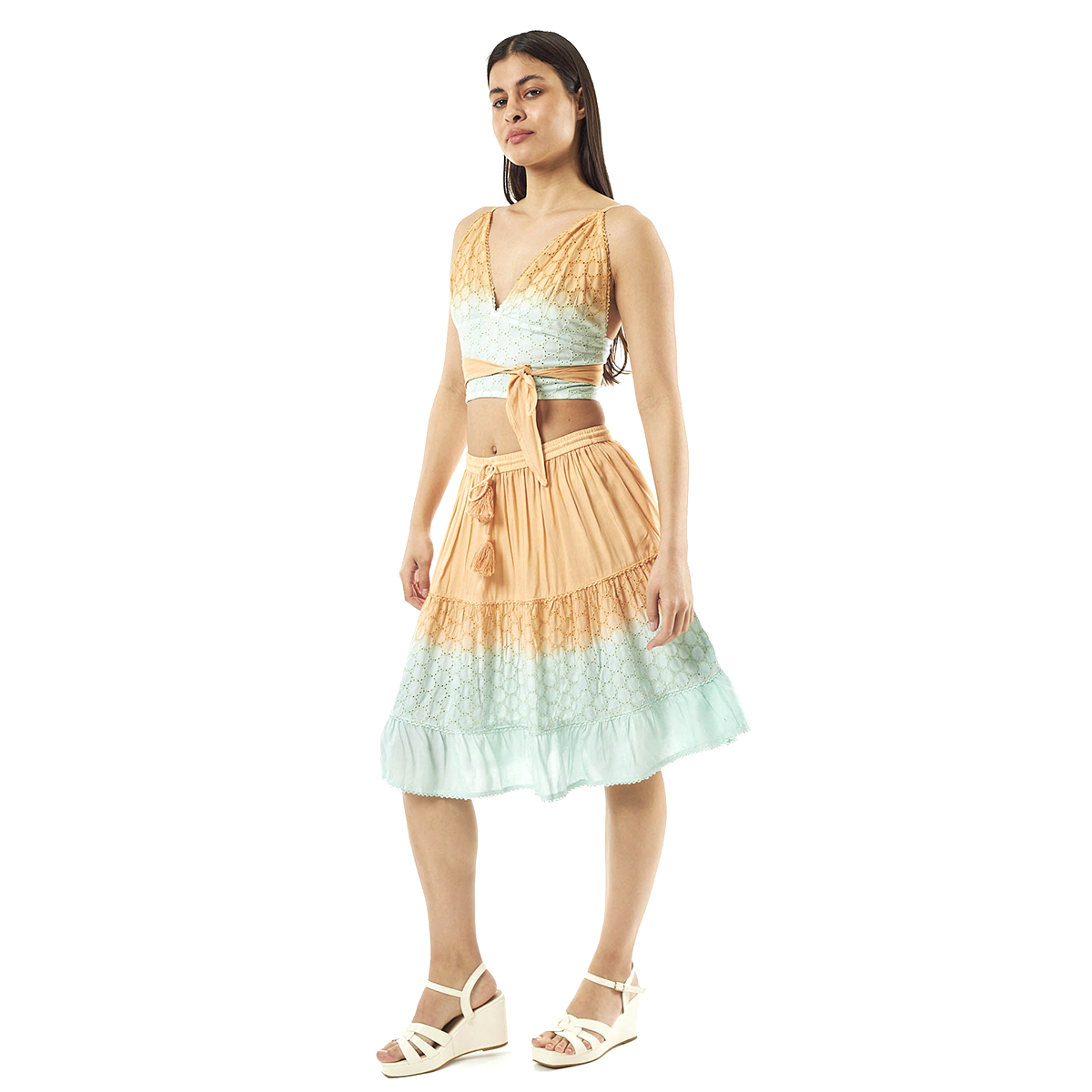 Verde Γυναικείο Σετ Φουστα-Κροπ Τοπ 62-0001 Ρεγιόν Ινδίας ΑνοιχτόΠράσινο