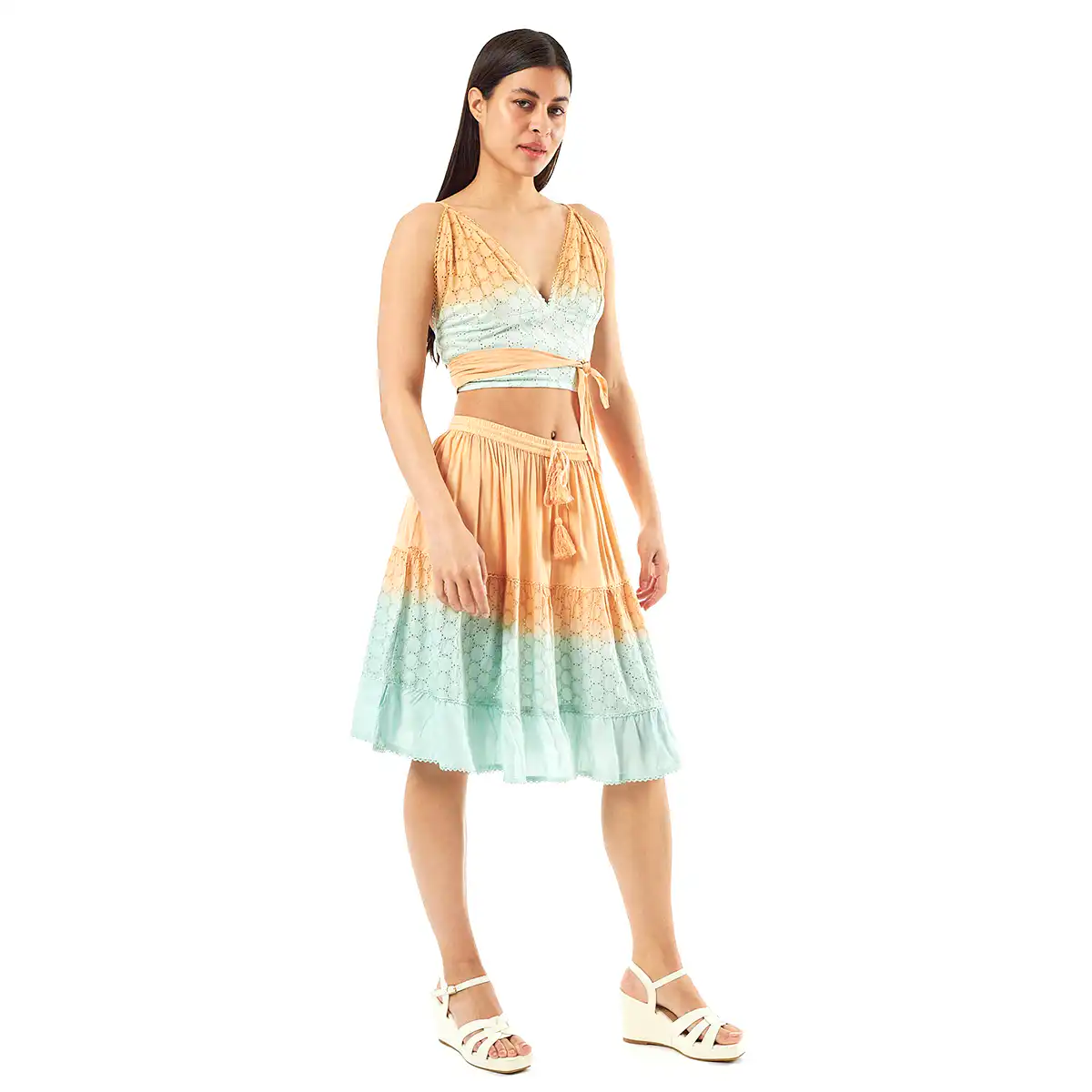 Verde Γυναικείο Σετ Φουστα-Κροπ Τοπ 62-0001 Ρεγιόν Ινδίας ΑνοιχτόΠράσινο