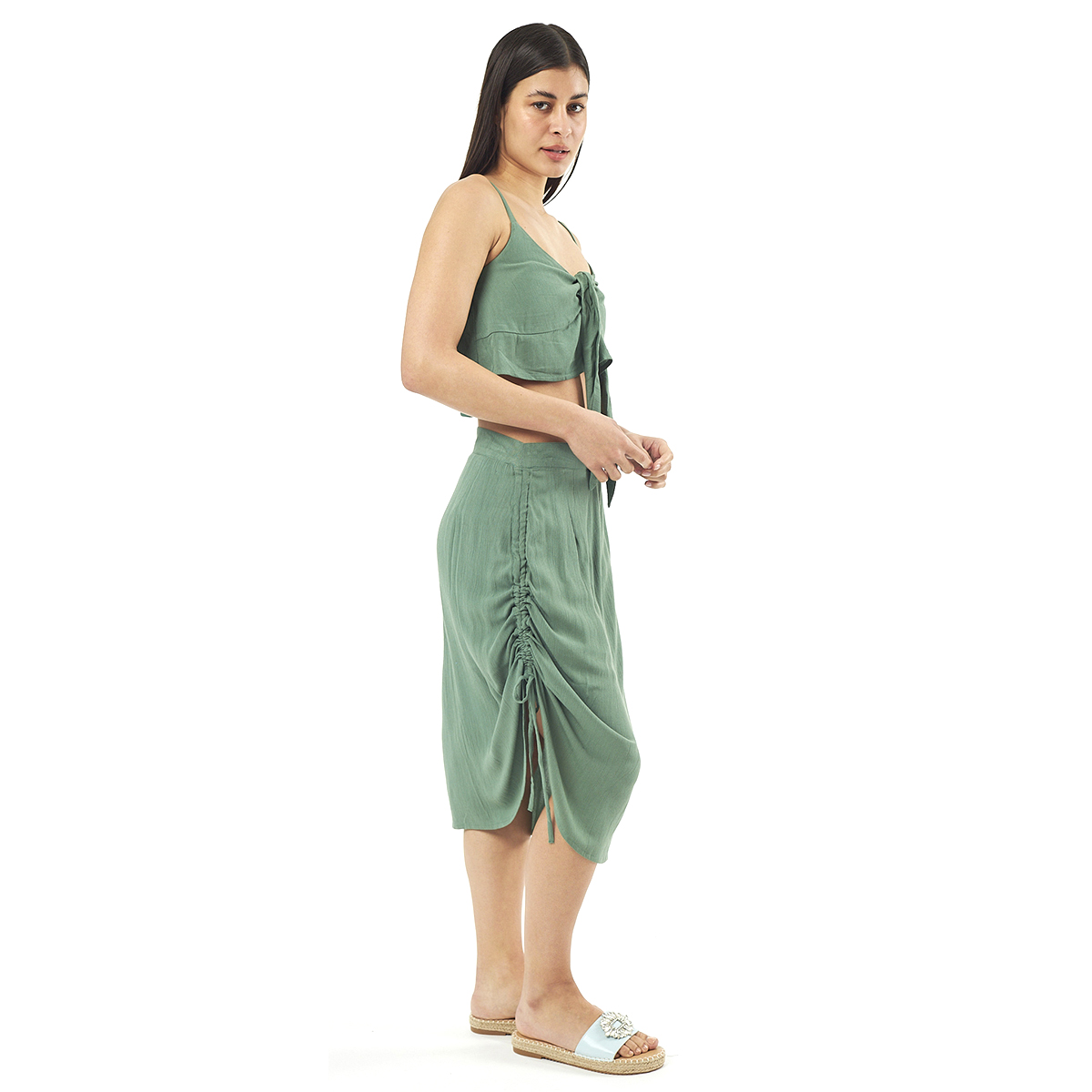 Verde Γυναικείο Σετ Φουστα-Κροπ Τοπ 62-0002 Viscoce Ινδίας Χακί