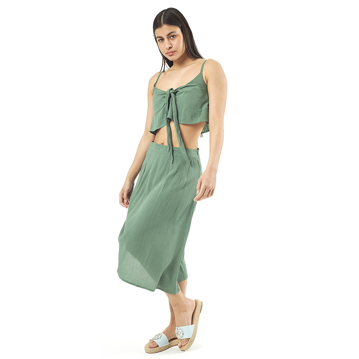 Verde Γυναικείο Σετ Φουστα-Κροπ Τοπ 62-0002 Viscoce Ινδίας Χακί