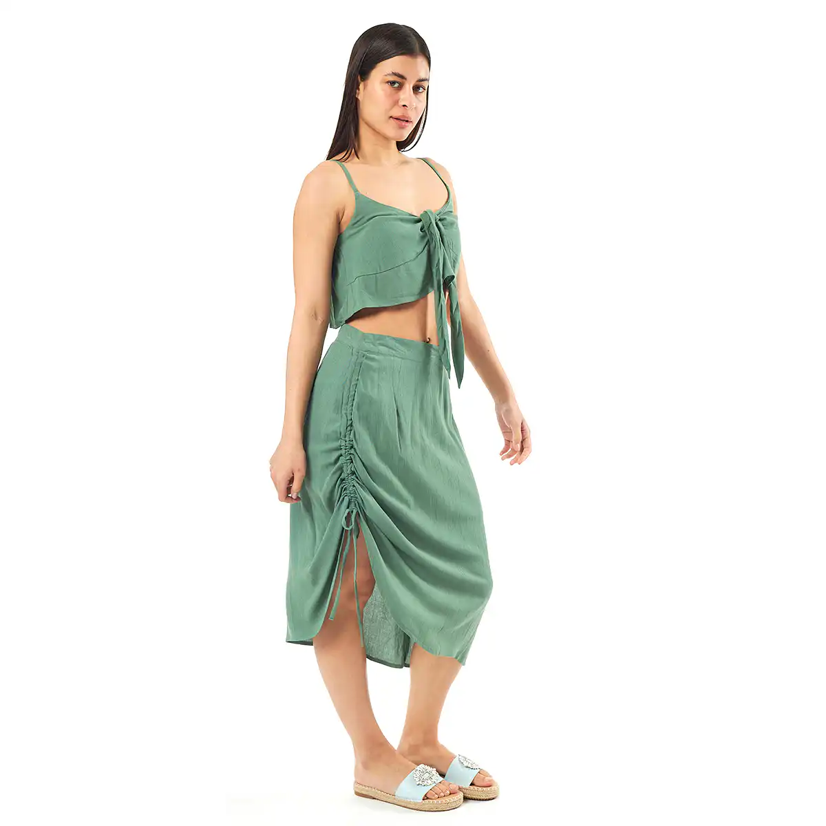 Verde Γυναικείο Σετ Φουστα-Κροπ Τοπ 62-0002 Viscoce Ινδίας Χακί