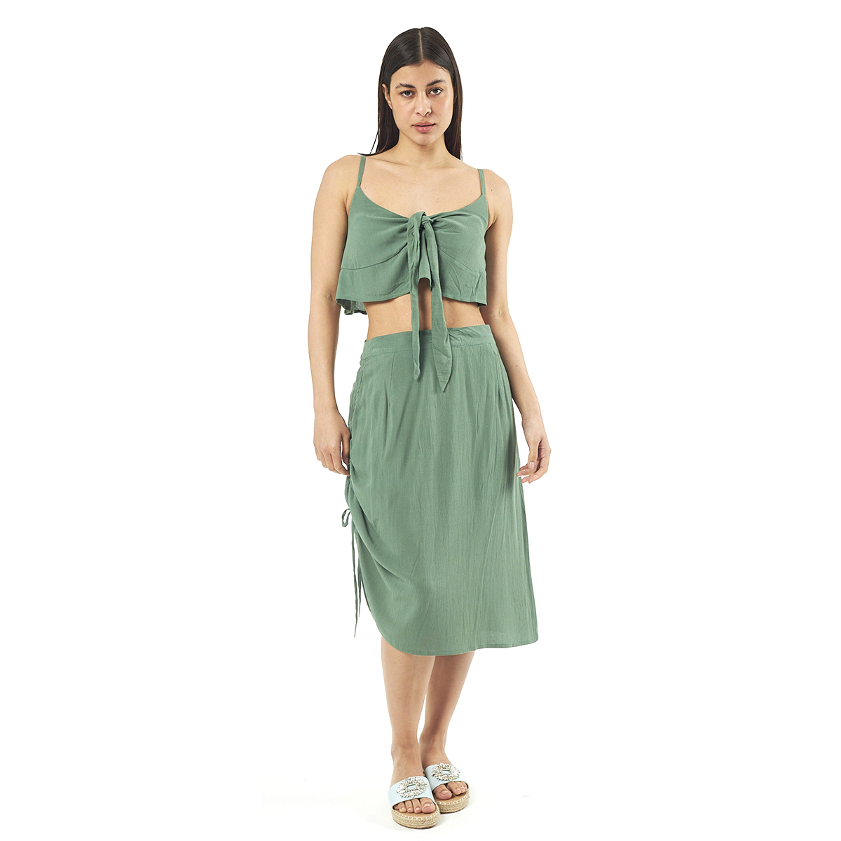 Verde Γυναικείο Σετ Φουστα-Κροπ Τοπ 62-0002 Viscoce Ινδίας Χακί