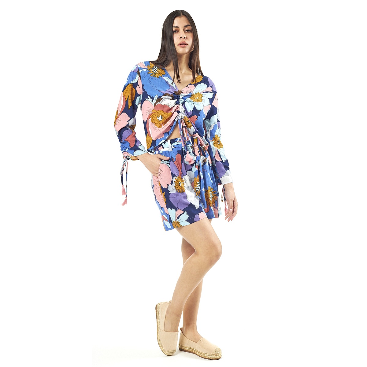 Verde Γυναικείο Σετ Φούστα-Μπλούζα 62-0003 Ρεγιόν Ινδίας Μπλέ