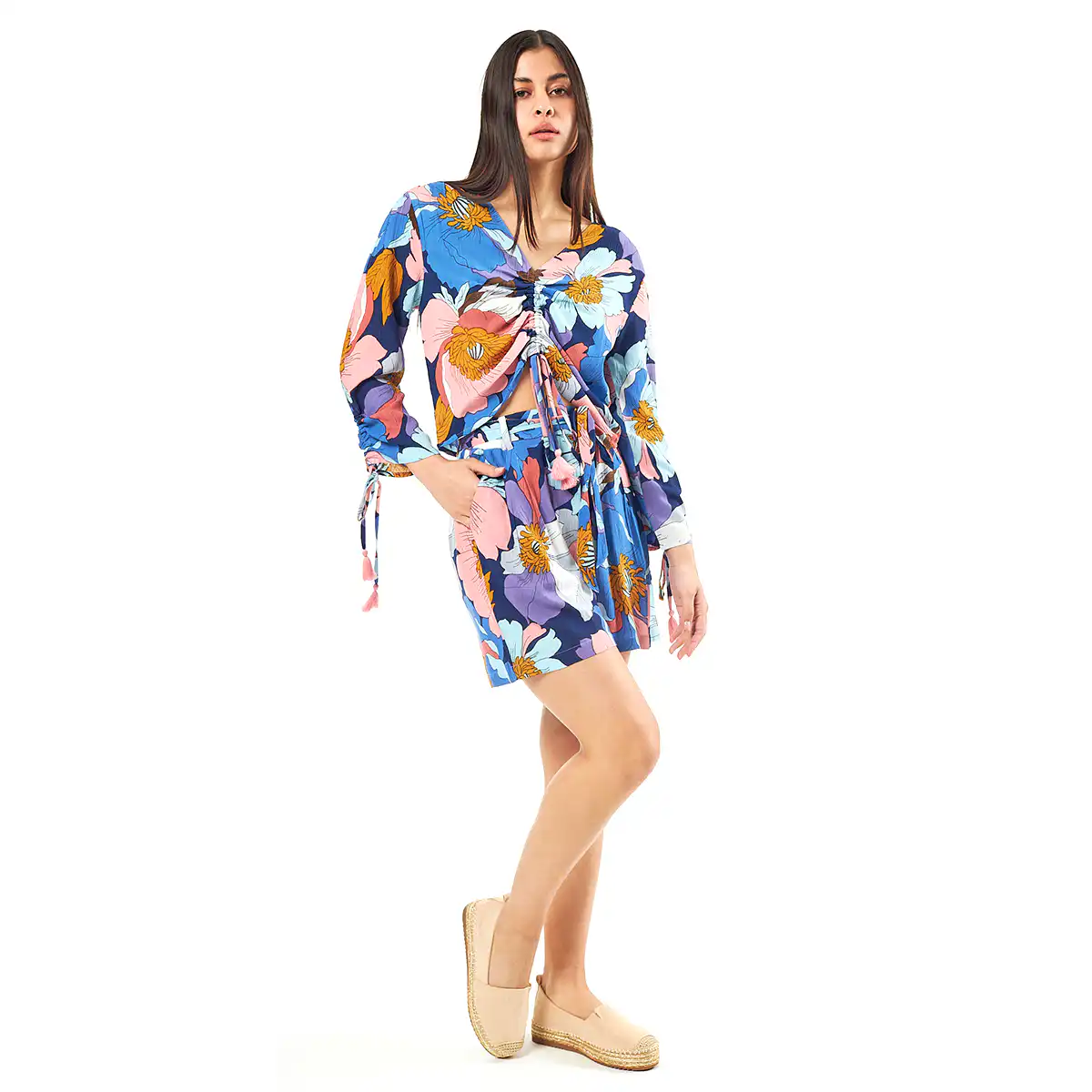 Verde Γυναικείο Σετ Φούστα-Μπλούζα 62-0003 Ρεγιόν Ινδίας Μπλέ