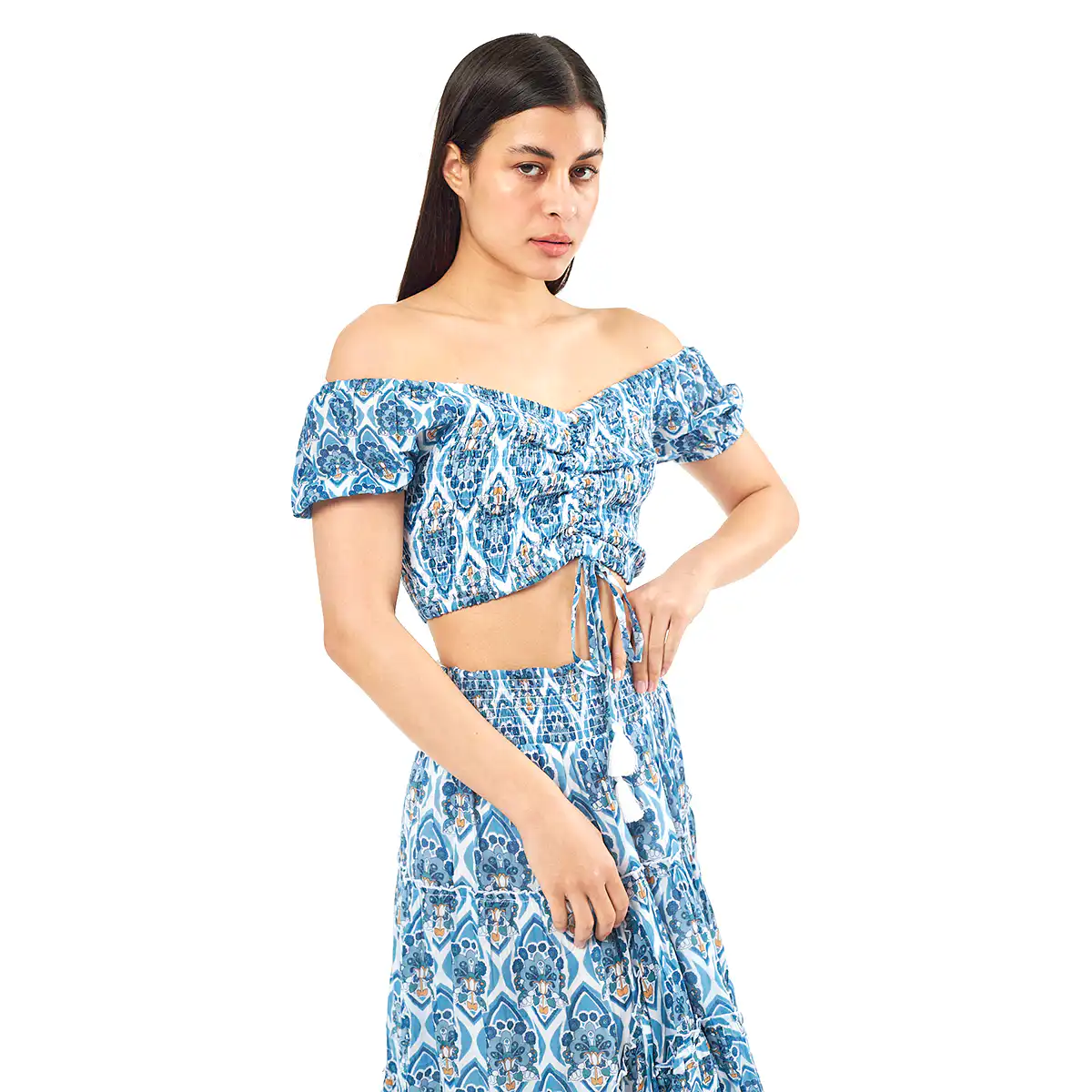 Verde Γυναικείο Σετ Φουστα-Κροπ Τοπ 62-0004 Cotton Ινδίας Μπλέ