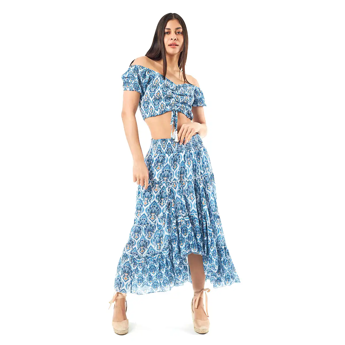 Verde Γυναικείο Σετ Φουστα-Κροπ Τοπ 62-0004 Cotton Ινδίας Μπλέ