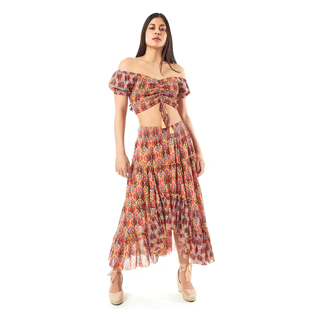 Verde Γυναικείο Σετ Φουστα-Κροπ Τοπ 62-0004 Cotton Ινδίας Ρόζ