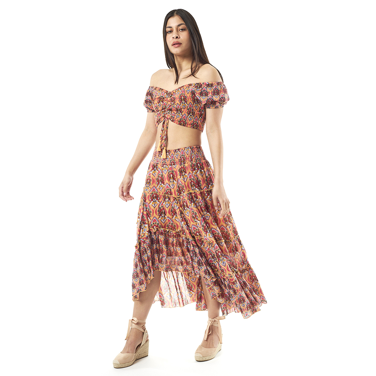 Verde Γυναικείο Σετ Φουστα-Κροπ Τοπ 62-0004 Cotton Ινδίας Ρόζ