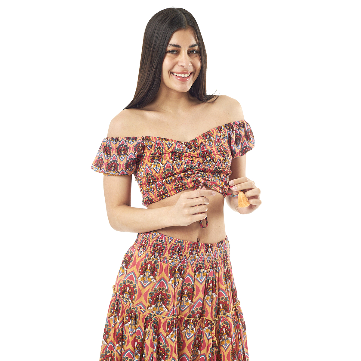 Verde Γυναικείο Σετ Φουστα-Κροπ Τοπ 62-0004 Cotton Ινδίας Ρόζ