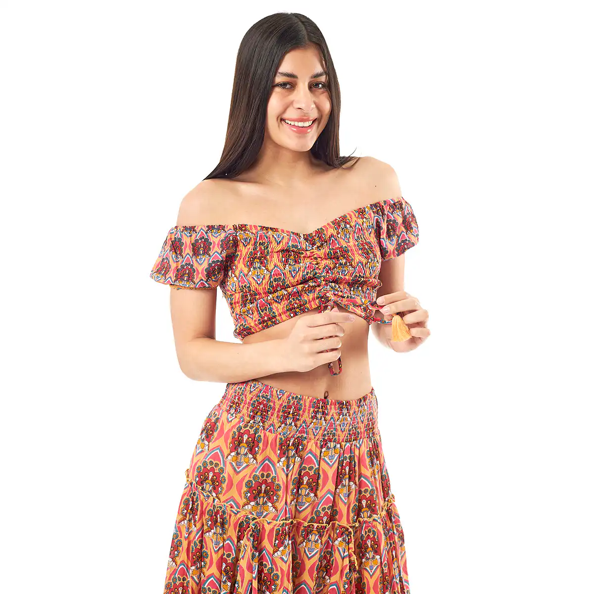 Verde Γυναικείο Σετ Φουστα-Κροπ Τοπ 62-0004 Cotton Ινδίας Ρόζ