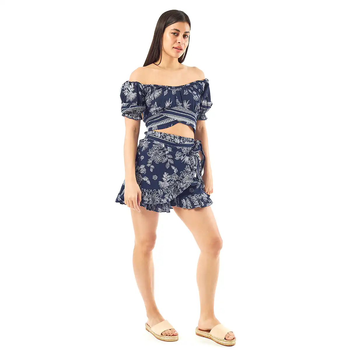 Verde Γυναικείο Σετ Φουστα-Κροπ Τοπ 62-0006 Cotton Ινδίας Σκούρο Μπλέ