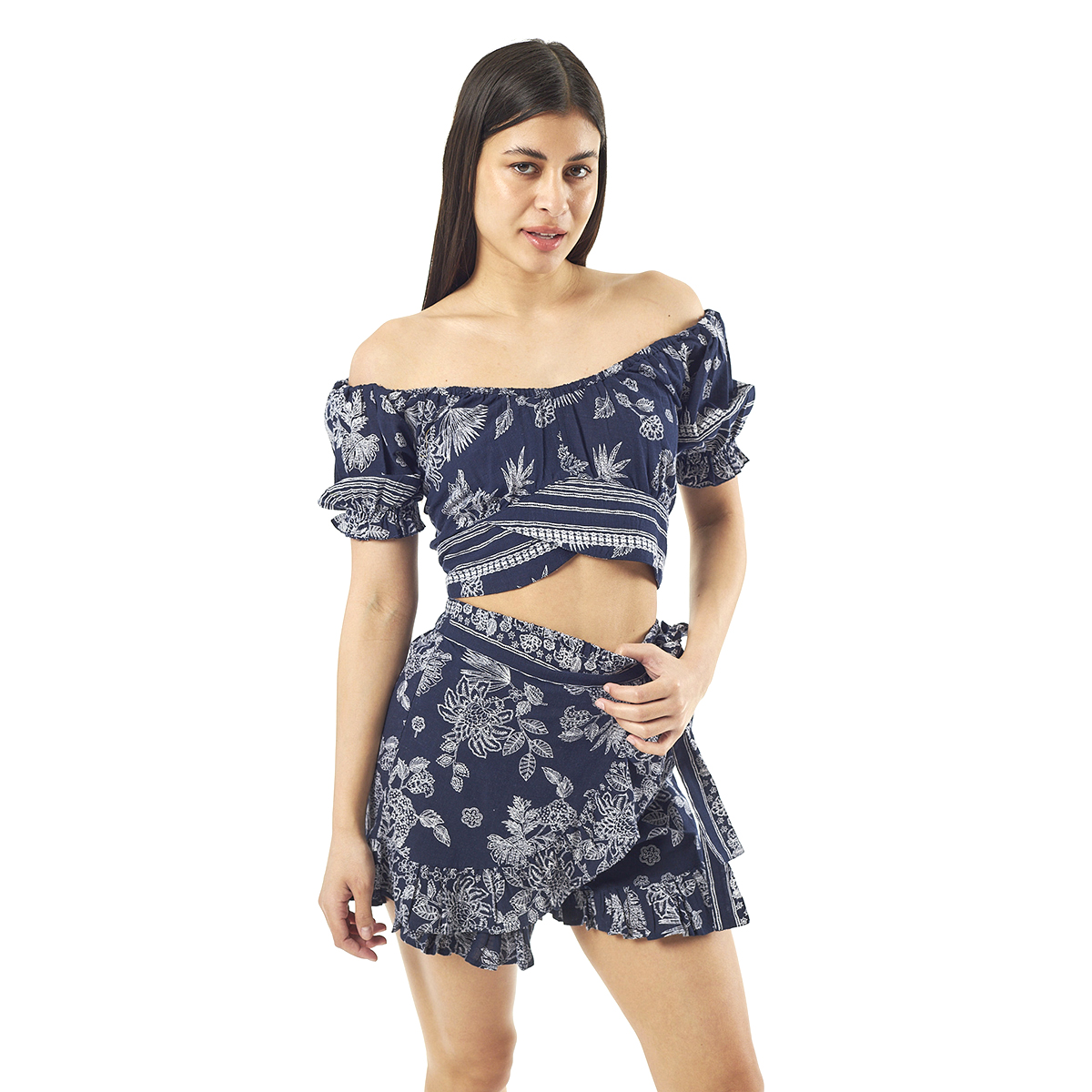 Verde Γυναικείο Σετ Φουστα-Κροπ Τοπ 62-0006 Cotton Ινδίας Σκούρο Μπλέ