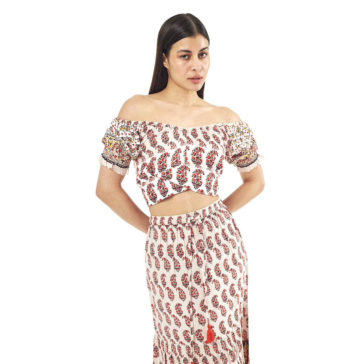 Verde Γυναικείο Σετ Φουστα-Κροπ Τοπ 62-0007 Viscoce Ινδίας Εκρού