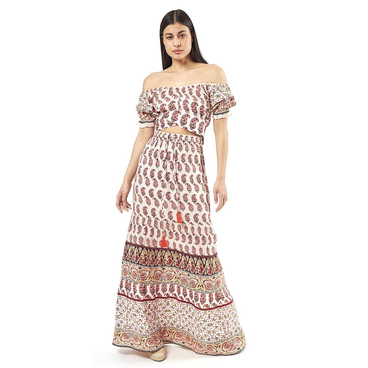 Verde Γυναικείο Σετ Φουστα-Κροπ Τοπ 62-0007 Viscoce Ινδίας Εκρού