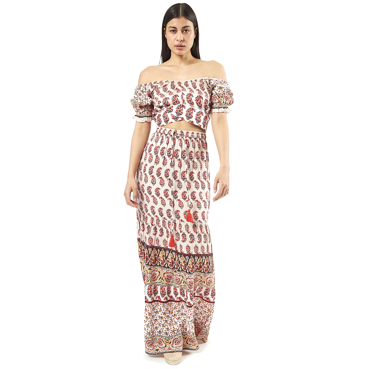 Verde Γυναικείο Σετ Φουστα-Κροπ Τοπ 62-0007 Viscoce Ινδίας Εκρού