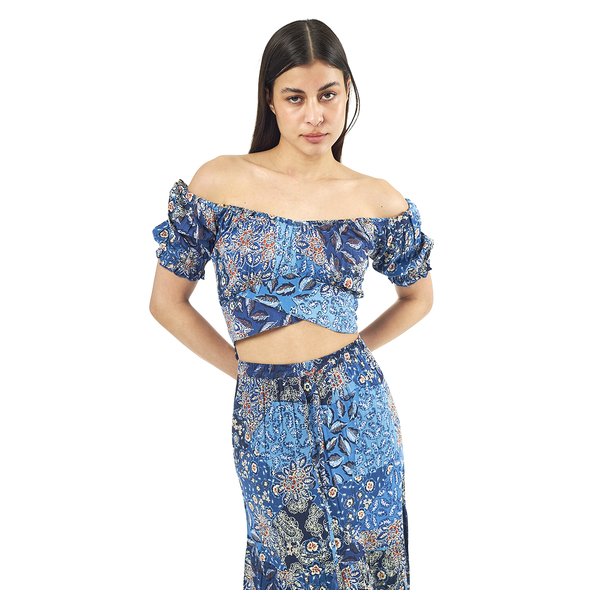 Verde Γυναικείο Σετ Φουστα-Κροπ Τοπ 62-0007 Viscoce Ινδίας Μπλέ