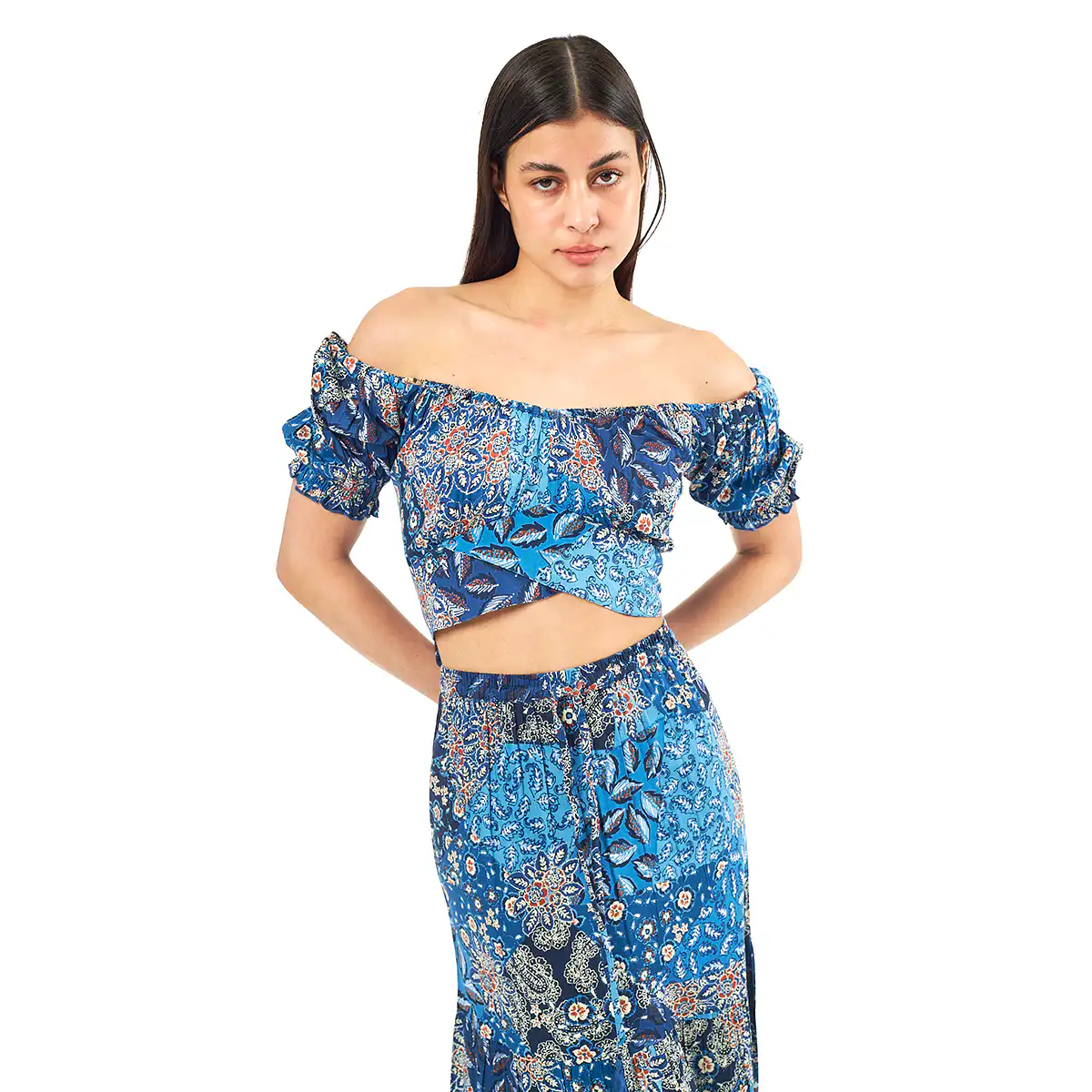 Verde Γυναικείο Σετ Φουστα-Κροπ Τοπ 62-0007 Viscoce Ινδίας Μπλέ