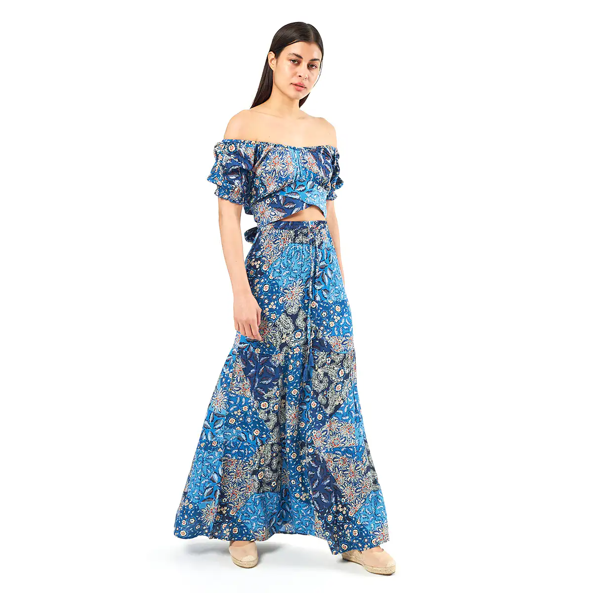 Verde Γυναικείο Σετ Φουστα-Κροπ Τοπ 62-0007 Viscoce Ινδίας Μπλέ