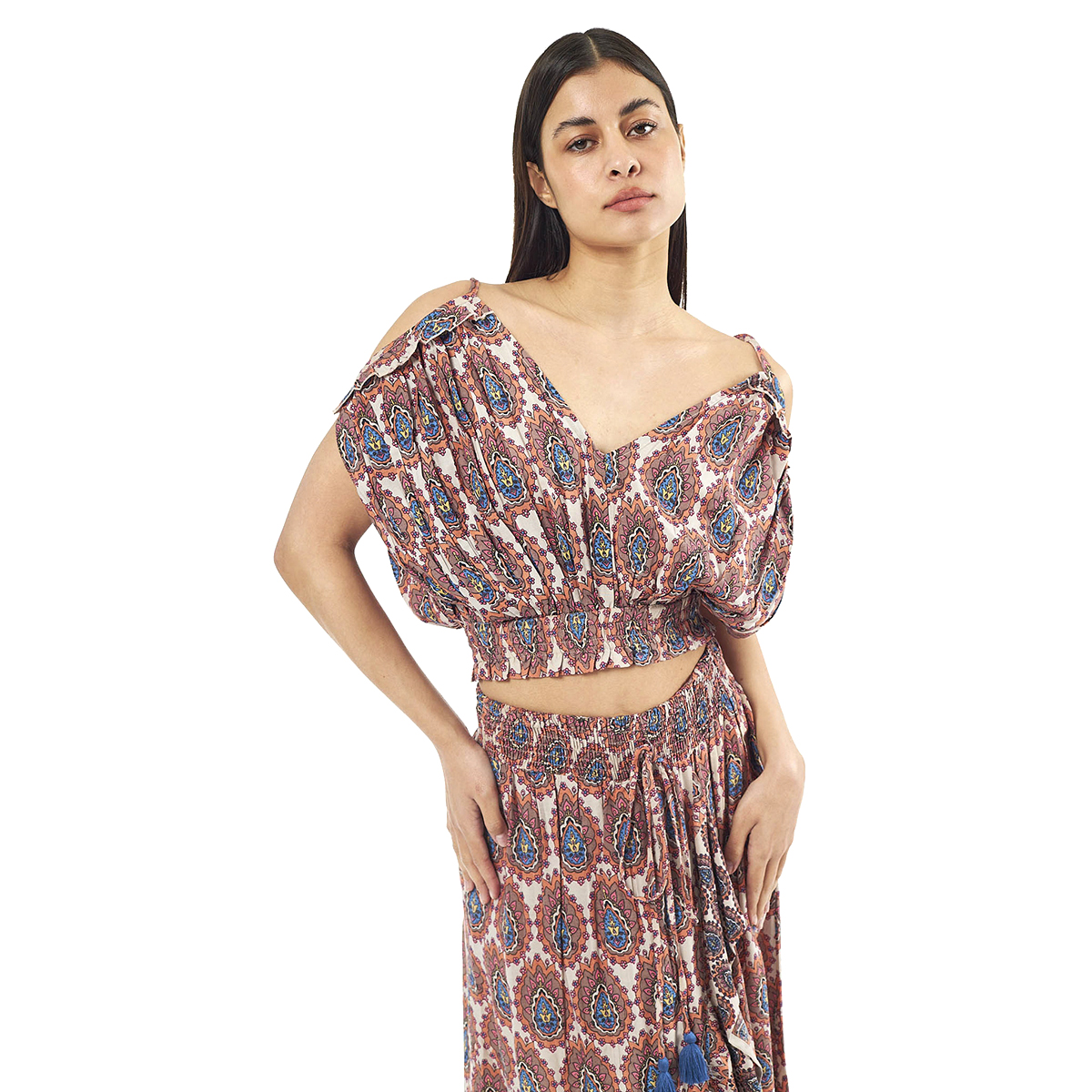 Verde Γυναικείο Σετ Φουστα-Κροπ Τοπ 62-0008 Viscoce Ινδίας Μπέζ