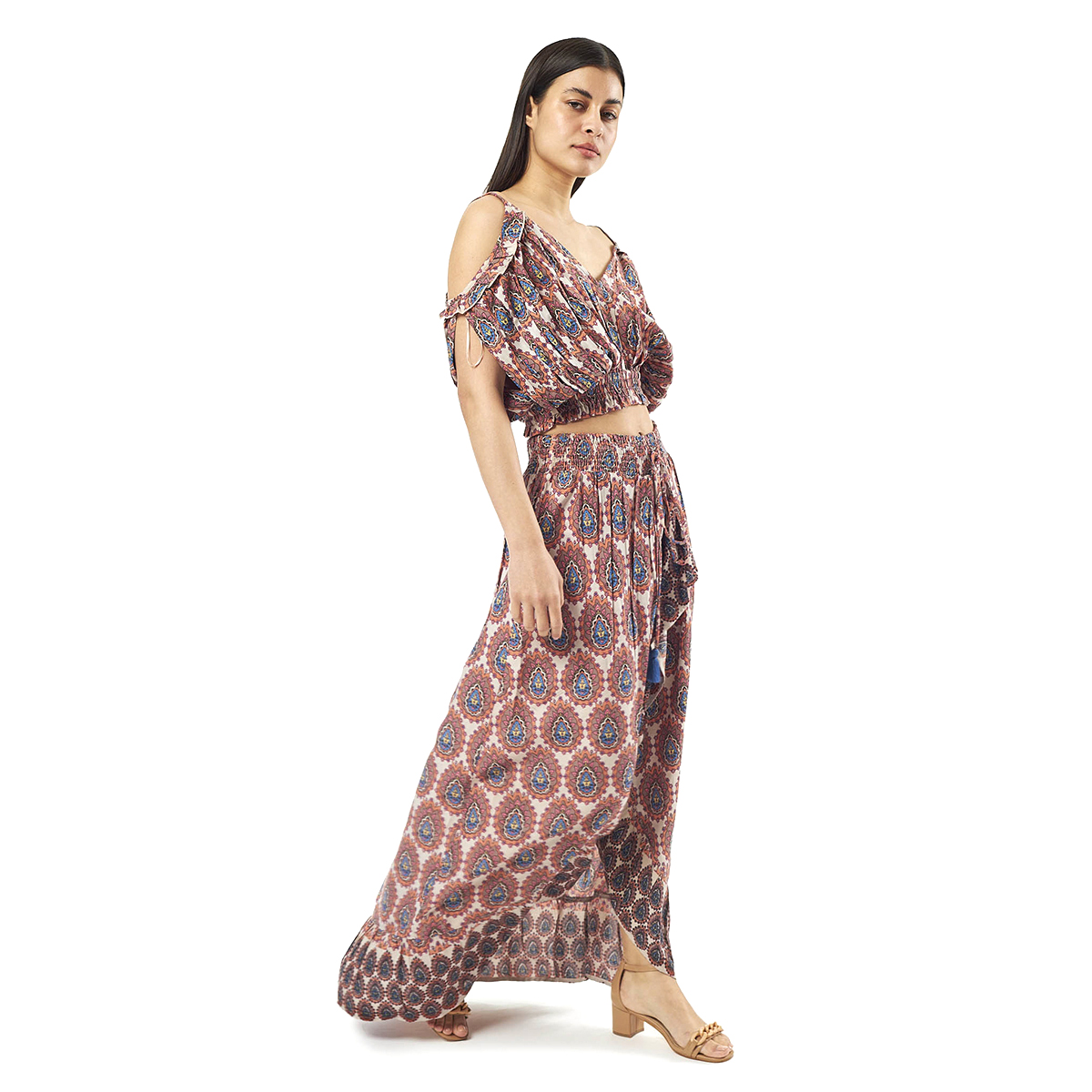 Verde Γυναικείο Σετ Φουστα-Κροπ Τοπ 62-0008 Viscoce Ινδίας Μπέζ