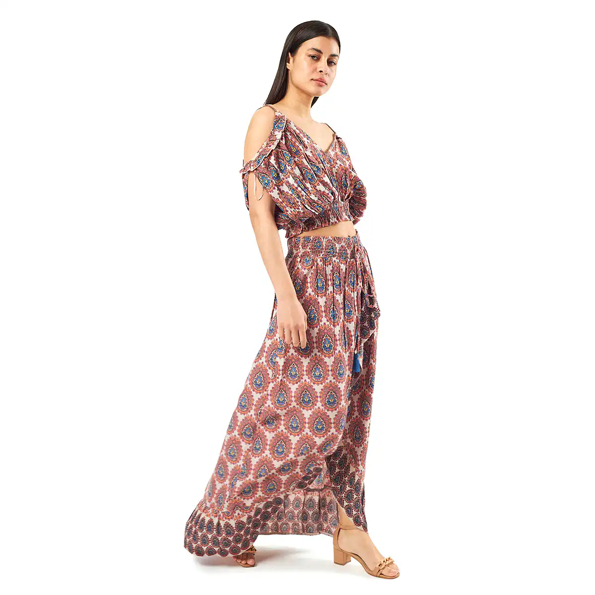 Verde Γυναικείο Σετ Φουστα-Κροπ Τοπ 62-0008 Viscoce Ινδίας Μπέζ