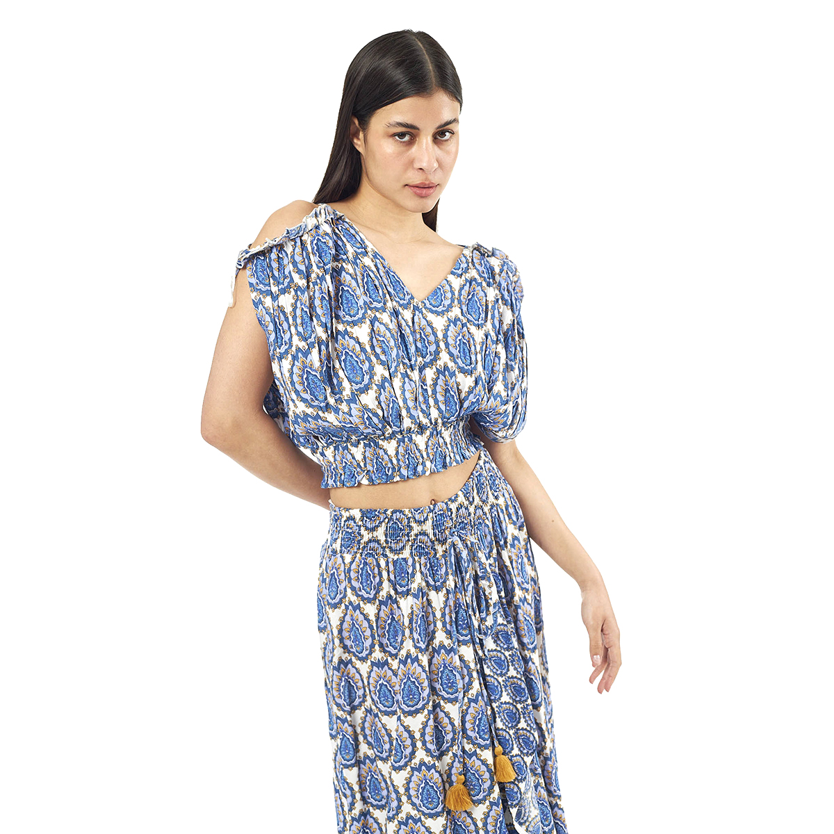 Verde Γυναικείο Σετ Φουστα-Κροπ Τοπ 62-0008 Viscoce Ινδίας Μπλέ