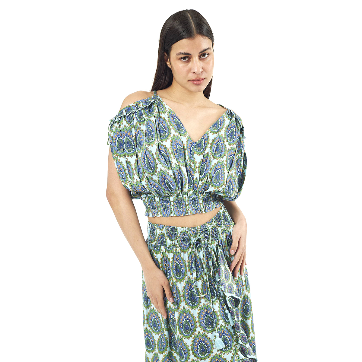 Verde Γυναικείο Σετ Φουστα-Κροπ Τοπ 62-0008 Viscoce Ινδίας Πράσινο