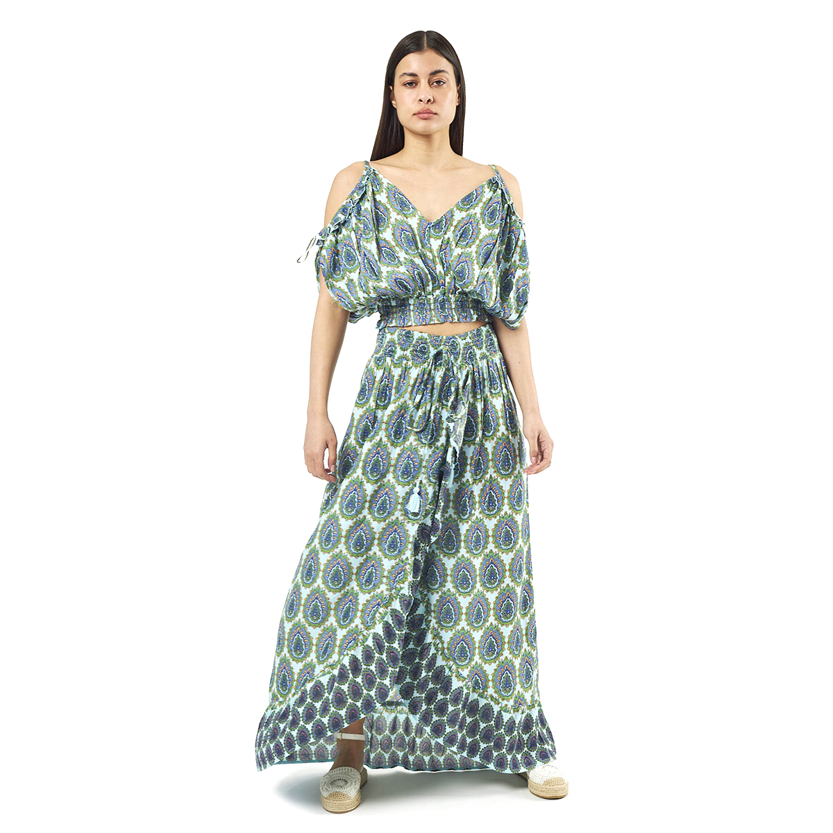 Verde Γυναικείο Σετ Φουστα-Κροπ Τοπ 62-0008 Viscoce Ινδίας Πράσινο