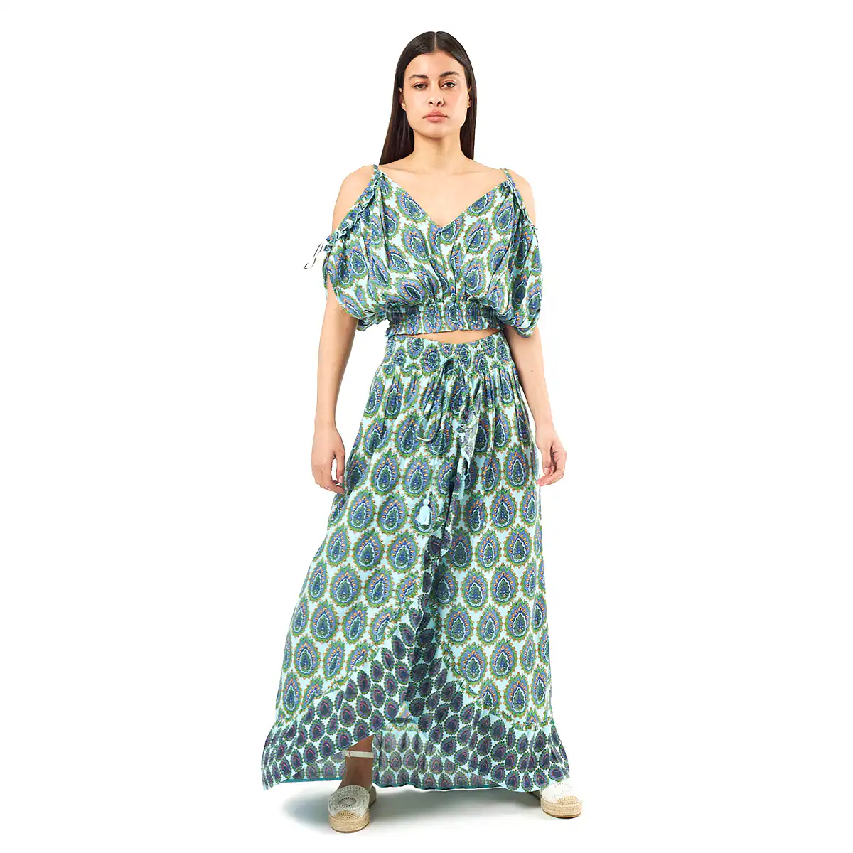 Verde Γυναικείο Σετ Φουστα-Κροπ Τοπ 62-0008 Viscoce Ινδίας Πράσινο