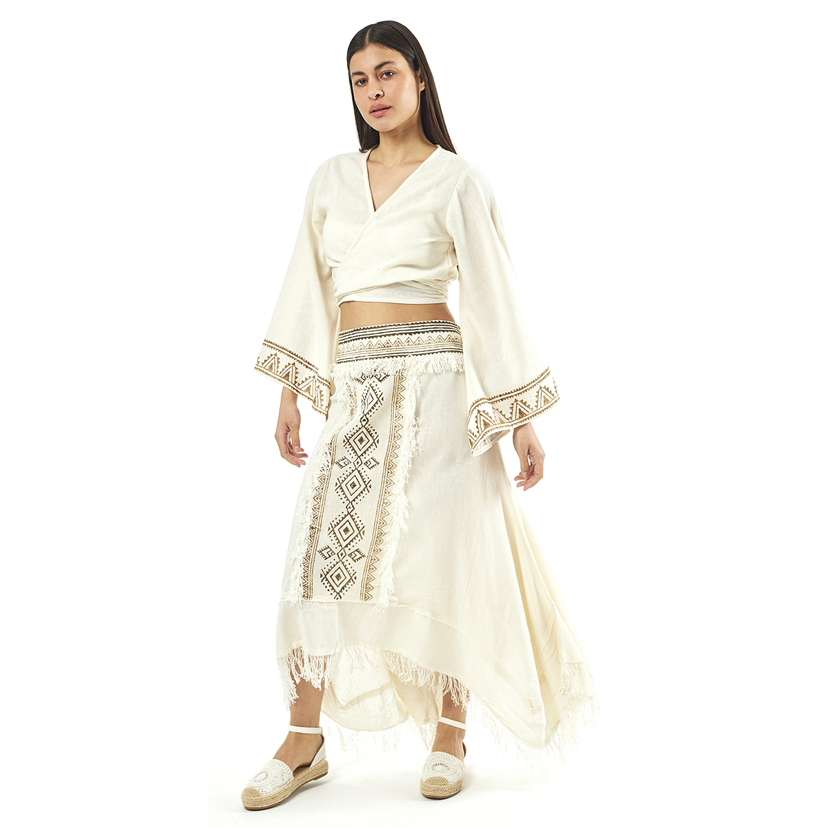 Verde Γυναικείο Σέτ Φούστα -Κροπ Τοπ 62-0010 Cotton Ινδίας Άσπρο