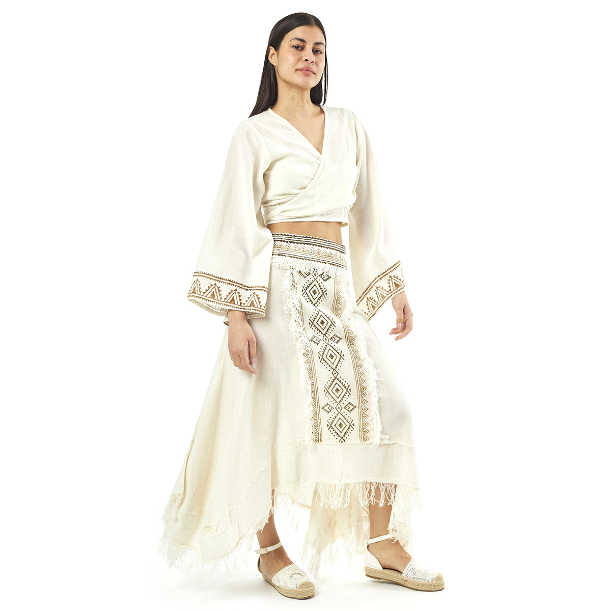 Verde Γυναικείο Σέτ Φούστα -Κροπ Τοπ 62-0010 Cotton Ινδίας Άσπρο