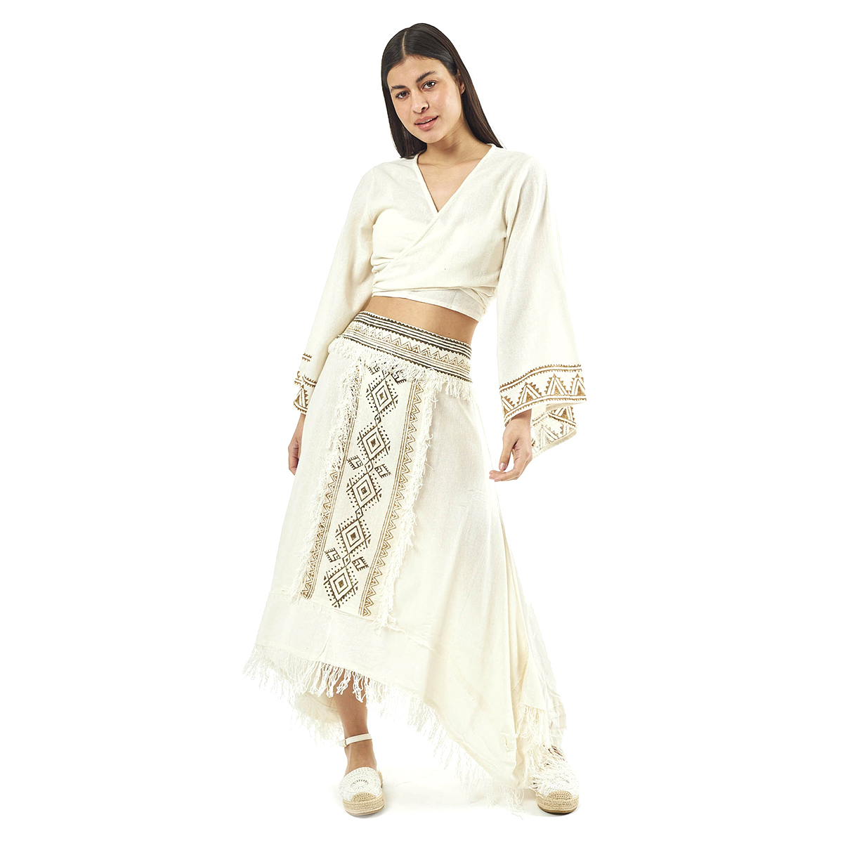 Verde Γυναικείο Σέτ Φούστα -Κροπ Τοπ 62-0010 Cotton Ινδίας Άσπρο