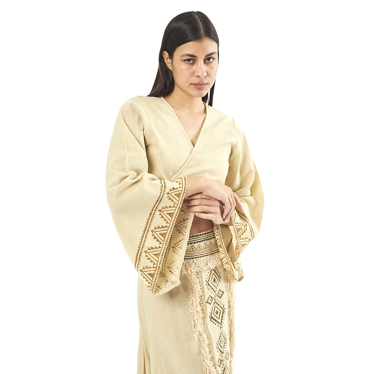 Verde Γυναικείο Σέτ Φούστα -Κροπ Τοπ 62-0010 Cotton Ινδίας Μπέζ