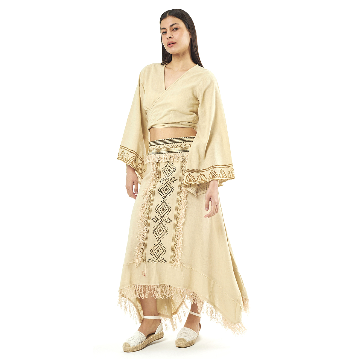 Verde Γυναικείο Σέτ Φούστα -Κροπ Τοπ 62-0010 Cotton Ινδίας Μπέζ